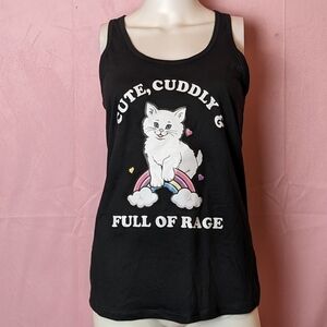 Black Cute Cuddly and Full of Rage Kitten Rainbow Graphic Tank Top size Medium